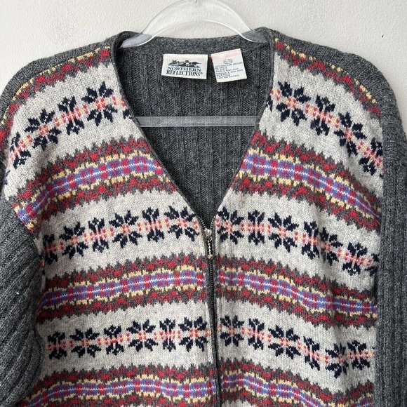 Northern Reflections Womens Fair Isle 100% Wool Full Zip Sweater Gray Nordic Vtg - Picture 6 of 11